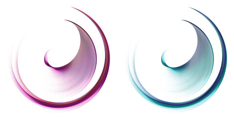 The arched blue and purple blades of abstract propellers rotate on a white background. A set of graphic design elements. Icon, logo, symbol, sign. 3d rendering. 3d illustration.