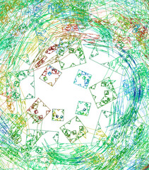 Multi colored doodles of geometric shapes and arc-shaped lines on a white background. Abstract fractal background. 3d rendering. 3d illustration.