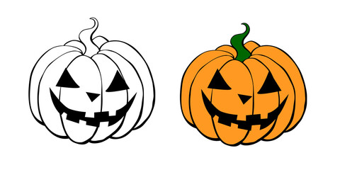 Vector simple scary spooky smiling Halloween pumpkin isolated. Jack o Lantern. Two variants - black contour for coloring in doodle style, color flat drawing. Traditional decoration symbol of holiday