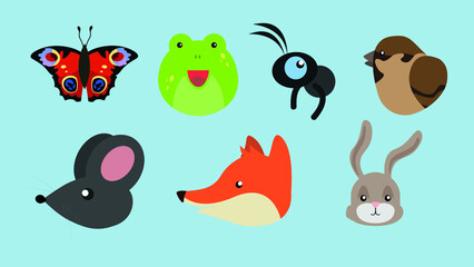 Set of illustrations, butterfly, frog, ant, sparrow, mouse, fox, hare