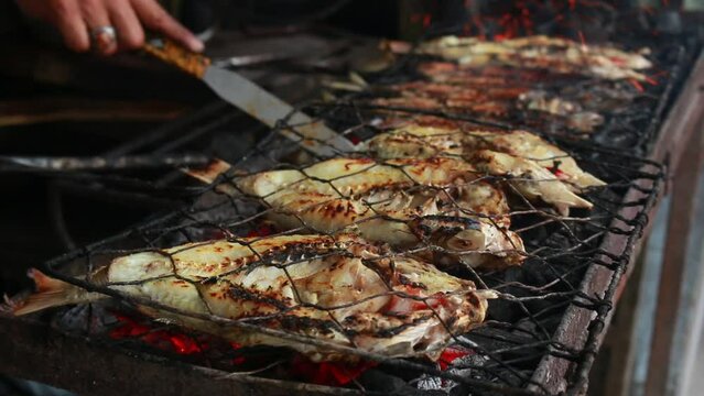 Cooking fish and roasting marinated fish on barbecue grill.
