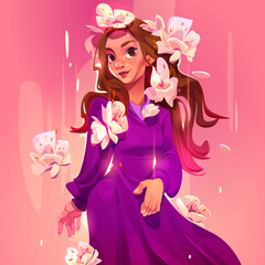 Cartoon beautiful girl with brown hair wear long purple dress with blooming flowers around. Young woman, attractive female character avatar, portrait, book or game personage, Vector illustration