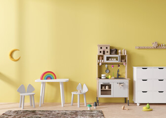 Empty yellow wall in modern child room. Mock up interior in scandinavian style. Copy space for your picture or poster. Table with chairs, sideboard, toys. Cozy room for kids. 3D rendering.