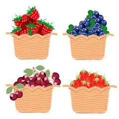 Ripe raspberries, blueberries,strawberries, cherries in baskets on a white background.Vector illustration of berries.For supermarket and market designs.