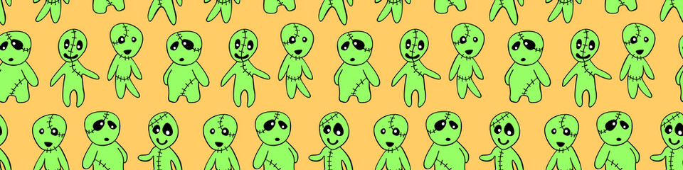 Vector seamless pattern with cute zombies in cartoon style. Outline doodle illustration isolated. Halloween backgrounds and textures. For holiday design, greeting card, wrap, web