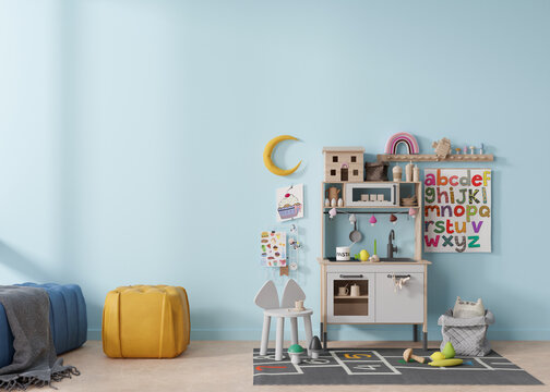 Empty light blue wall in modern child room. Mock up interior in scandinavian style. Copy space for your picture or poster. Cozy room for kids. 3D rendering.