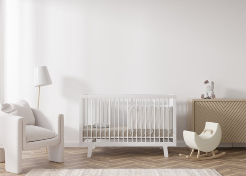 Empty white wall in modern child room. Mock up interior in scandinavian style. Copy space for your picture or poster. Bed, armchair, toys. Cozy room for kids. 3D rendering.