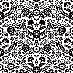 Mexican folk art vector seamless pattern with black and white flowers, textile or fabric print design inspired by traditional embroidery ornaments from Mexico
Print - 516912443
