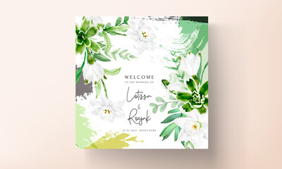 beautiful hand drawing watercolor flower and leaves wedding invitation card