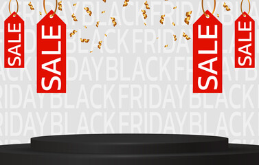 Black Friday Super Sale. Banner, poster on dark background. podium for sale