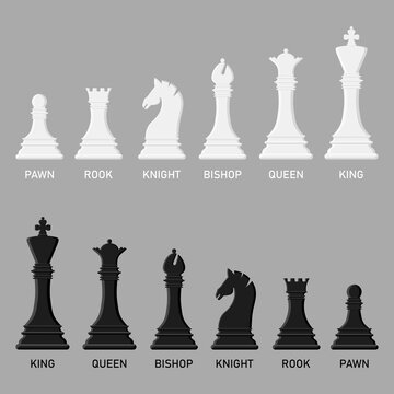 Cartoon black and white chess pieces set isolated on white background. Chess icons. King, queen, rook, knight, bishop, pawn. Vector illustration for design.