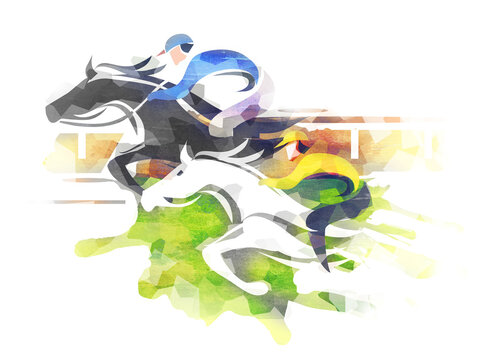 Horse racing, competition, jockeys running action. 
Eexpressive Illustration of  two jumping horses with Jockeys at Full Speed. Imitation of watercolor painting. 