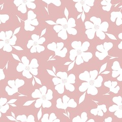 Fototapeta na wymiar Simple vintage pattern. wonderful white flowers and leaves. pink background. Fashionable print for textiles and wallpaper.