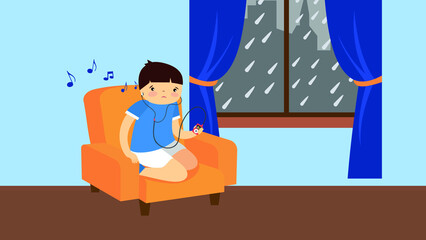 Child listening to music with headphones at home by the window during the rain