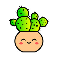 Cute cactus character smiling. Kawaii plant with happy face. Funny cartoon character. Adorable cheerful cactus. T shirt design element. Potted plant with outline. Vector illustration, flat, clip art. 