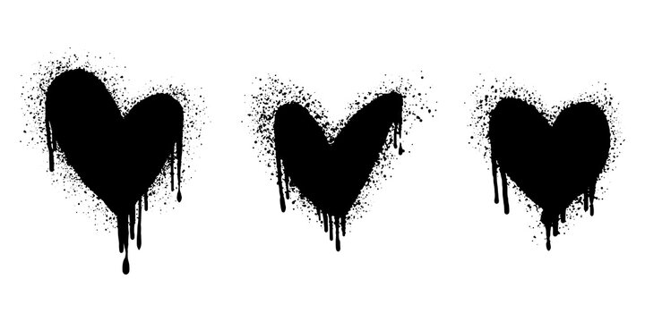 Set of Spray painted graffiti heart sign in black over white. Love heart drip symbol.  isolated on white background. vector illustration