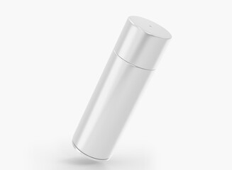 Spray bottle with closed lid, packaging mockup. Blank metal aerosol can for paint, deodorant or hairspray isolated on white background. Hair or body care cosmetic tube template. Realistic 3d render