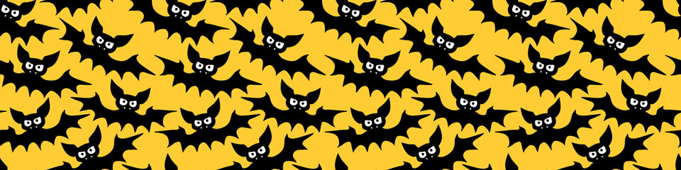 Flying bats seamless pattern. Cute Spooky vector Illustration. Halloween backgrounds and textures in flat cartoon gothic style. Black silhouettes animals on sky.