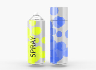 Spray cans of yellow and blue paint, aerosol bottles with open and closed lids for deodorant, hairspray or freshener. Color packaging design isolated on white background, Realistic 3d render mockup