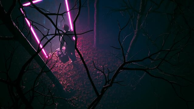 Fantasy scene. A man with a suitcase passed through the neon portal in the wood.