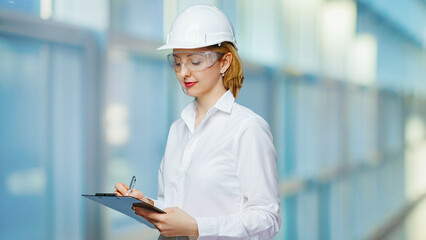 Handsome caucasian female supervisor in suit and with helmet on head holding tablet and checking