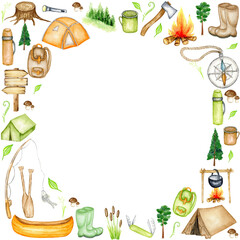 Watercolor camp set border, adventure outdoor tourist camping symbols frame Tent Bonfire Axe Torch Multifunction knife Compass , active travel vacations sport for summer isolated illustration on white