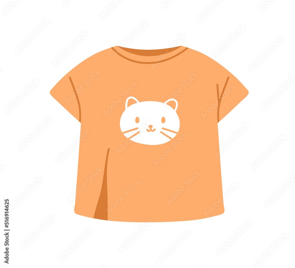 Wall mural Kids tshirt with cute cat printed. Childs summer clothes, t-shirt with kitten. Childrens apparel, garment for warm weather. Flat vector illustration isolated on white background