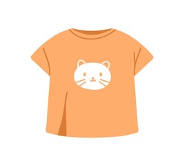 Kids tshirt with cute cat printed. Childs summer clothes, t-shirt with kitten. Childrens apparel, garment for warm weather. Flat vector illustration isolated on white background
