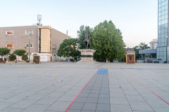Pristina, Kosovo - June 5, 2022: Skanderbeg Square with military commander Skanderbeg statue.