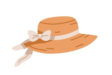 Summer straw hat for kids girls. Beach sunhat with ribbon and bow. Childs girly sun headwear with brims. Female holiday head wear. Flat vector illustration isolated on white background