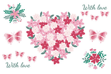 With love greeting card with floral heart shape, text, butterfly