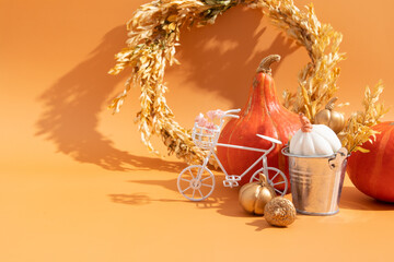 Autumn composition. Dried leaves wreath, pumpkins, on white orange background. Autumn fall ans...