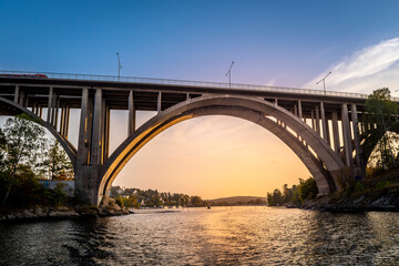 Fototapeta na wymiar Skurubron bridge at sunset in Nacka Sweden