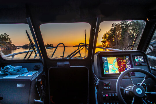Cockpit of boat at sunset