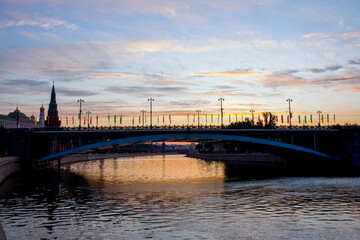 Fototapeta na wymiar Sunrise on Moscow river. Center of the capital of Russia