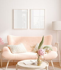 Mockup frame in interior background, room in light pastel colors, Scandi-Boho style, 3d render	