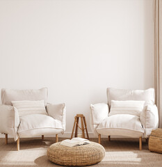 Home interior mockup, living room in pastel colors, 3d render