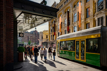 Pedestrians And Tram City Street