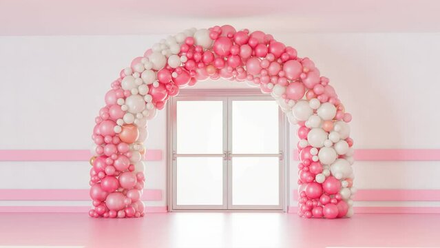 Pink balloon arch made with hundreds of small balloons. Office, hospital party.