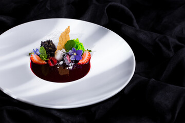 Strawberries, mint, chips, flower petals, ice cream, lettuce and transparent sugar floss with jam