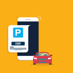 Online application for finding parking spaces, city parking. Smart city parking mobile app concept. Urban traffic technology, vector illustration.