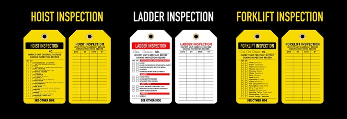 Equipment inspection tag vector illustrations. Hoist,  ladder and forklift inspection of front and back design templates. Isolated on black background. - obrazy, fototapety, plakaty