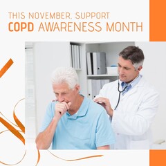 Square image of copd awareness month text with doctor and patient