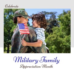 Square image of military family appreciation month text and picture of soldier with family
