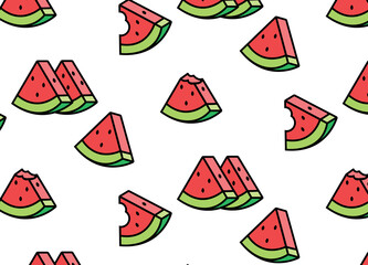 watermelon hand-drawn texture with seeds pattern. Colorful juicy summer tropical vector pattern. Cute pattern with colorful doodle watermelon slices and seeds.