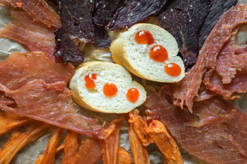 Beef and pork fresh meat with salt and spices on the table. Delicious tasty meat food 