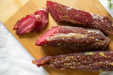 Beef and pork fresh meat with salt and spices on the table. Delicious tasty meat food 