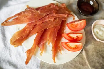 Beef and pork fresh meat with salt and spices on the table. Delicious tasty meat food 