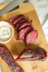 Beef and pork fresh meat with salt and spices on the table. Delicious tasty meat food 