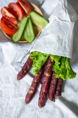 Beef and pork fresh meat with salt and spices on the table. Delicious tasty meat food 